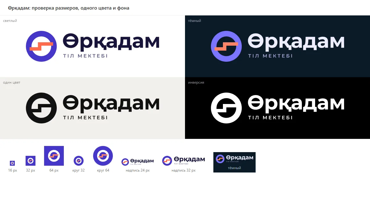 Проверка логотипа Өрқадам: 16, 32 и 64 px, один цвет, тёмный фон, круг аватара