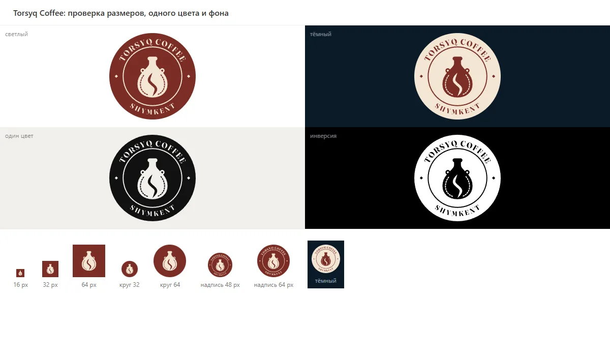 Проверка логотипа Torsyq Coffee: 16, 32 и 64 px, один цвет, тёмный фон, круг аватара