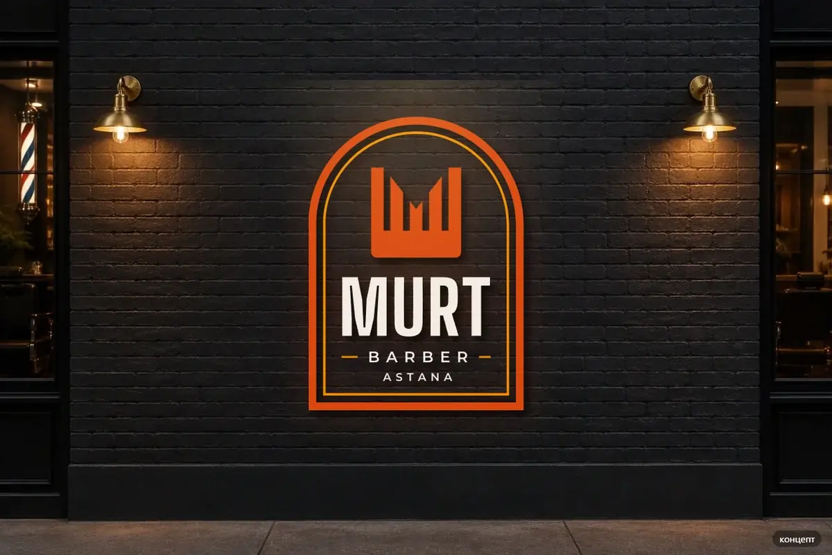 Логотип Murt Barber на фасаде, макет концепта