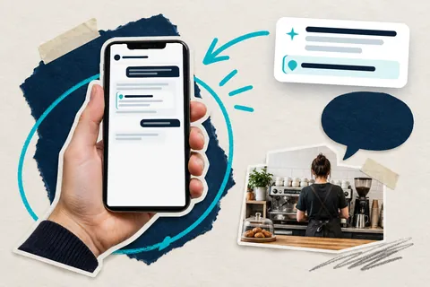 Коллаж: телефон с ответом нейросети и кофейня