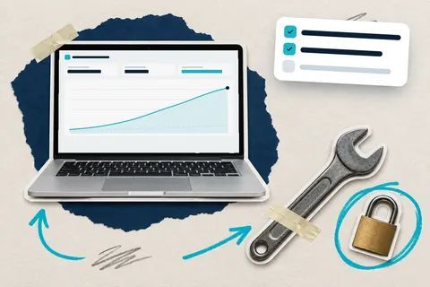 Коллаж: ноутбук с графиком работы сайта, гаечный ключ и замок