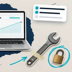 Коллаж: ноутбук с графиком работы сайта, гаечный ключ и замок