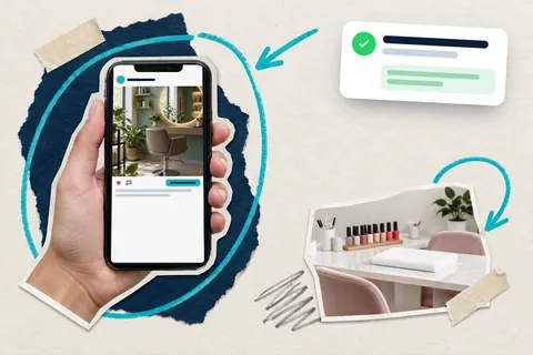 Коллаж: телефон с постом салона в ленте и маникюрный стол
