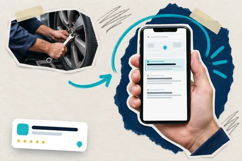 Коллаж: руки механика и телефон с выдачей Google