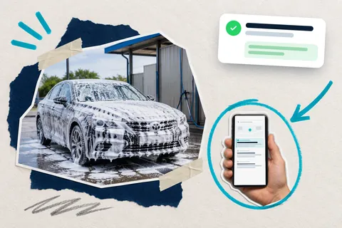 Коллаж: автомойка и телефон с выдачей Google